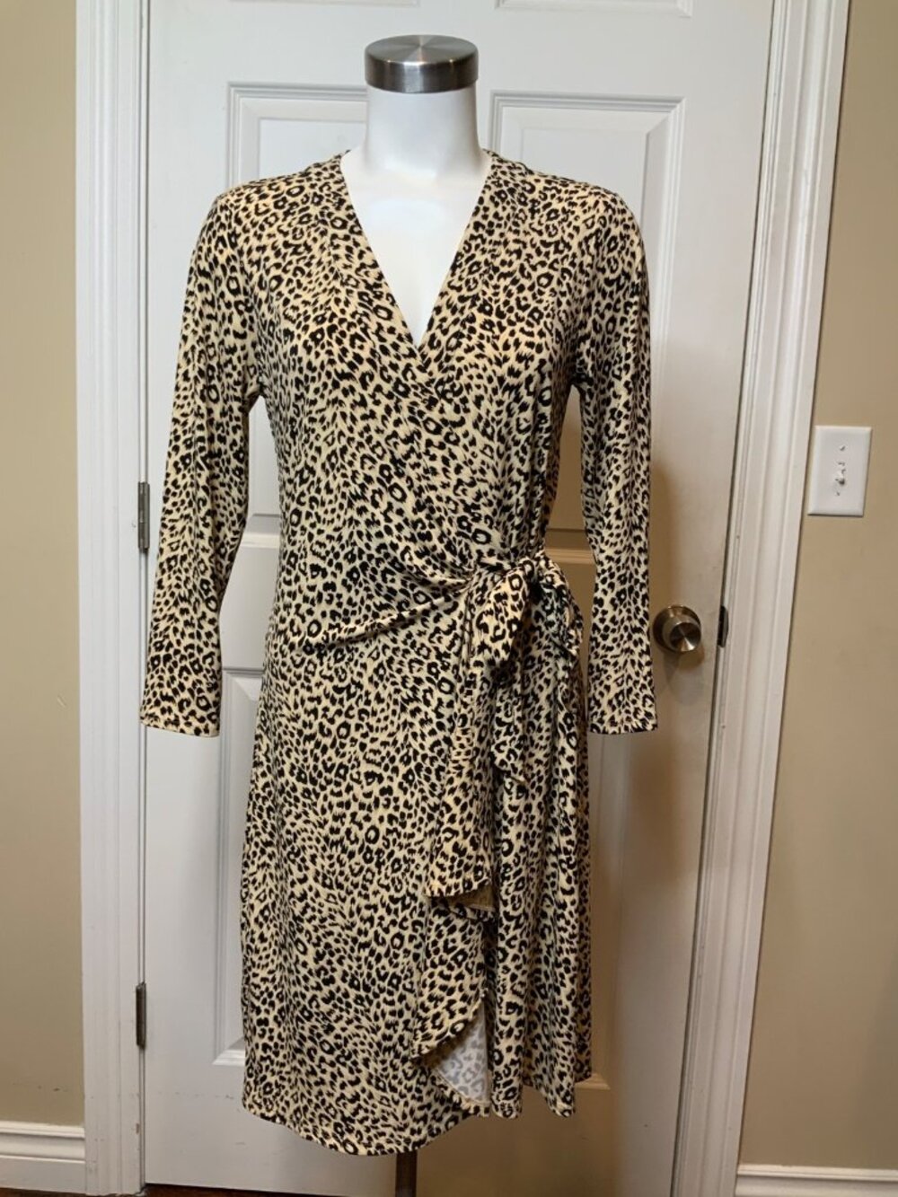 BCBG Max Azria Tan Leopard Print Mini Wrap Dress, Size M